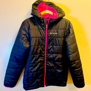 Girls large 14/16 puffer Columbia Hooded Jacket Pink black coat zip ski snow